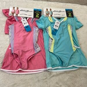 2 Eddie Bauer Kids One-Piece Aqua Pink/White/Floral Swimsuit Cover Up Nwt 4T